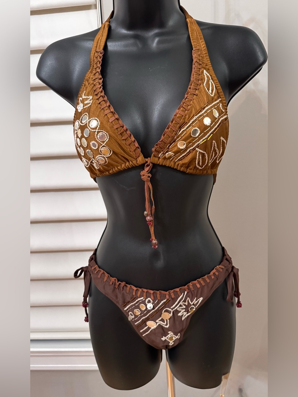 La Langosta custom Embroidered Brown Halter Bikini